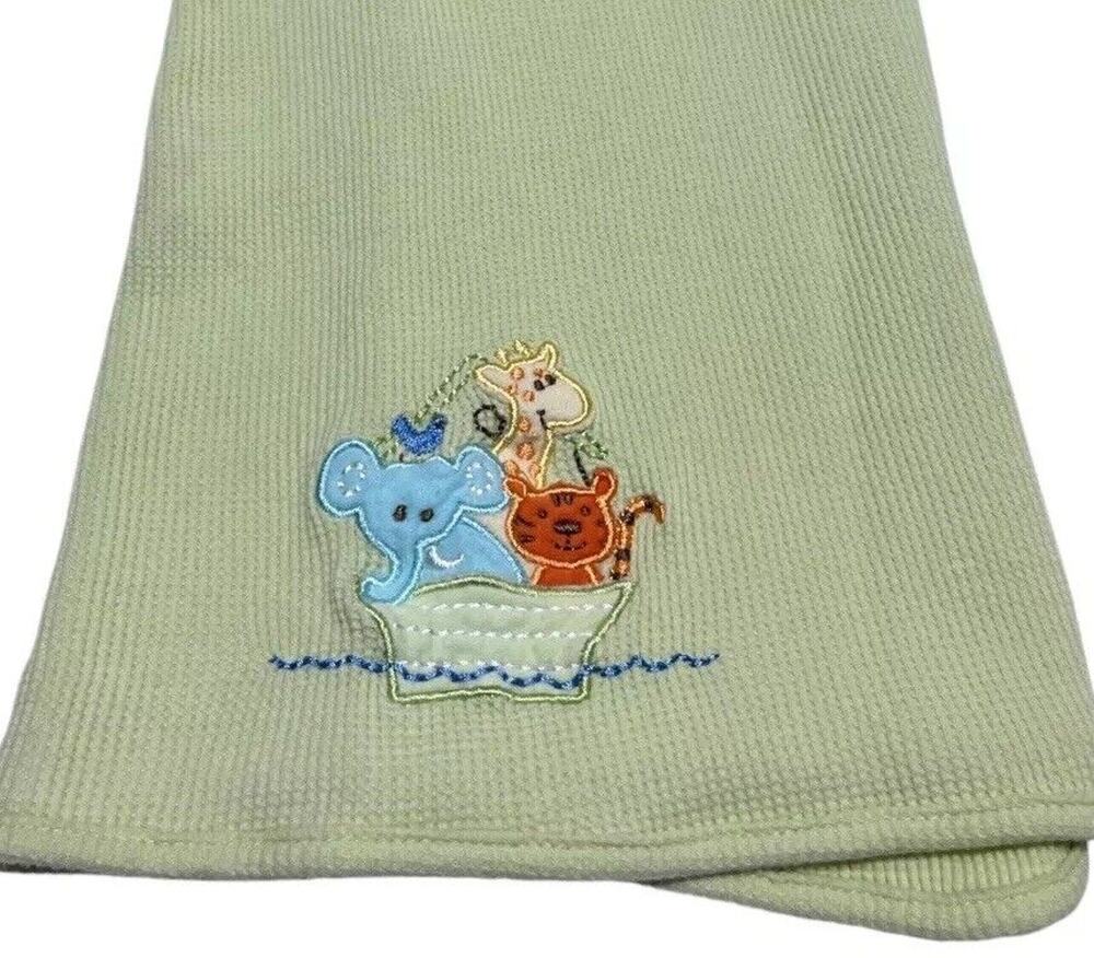 Spasilk Waffle Weave Green Baby Blanket Animals Noahs Ark Tiger Elephant Giraffe